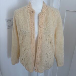 Vintage Mohair Wool Cardigan Fully Fashioned Hong Kong Cream Women’s L *U20